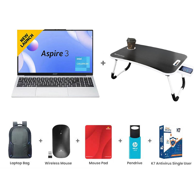 Picture of Acer Aspire 3 - Intel Core Celeron N4500 15.6" (39.63 cm) A325-45 Thin & Light Laptop (8GB/ 512GB SSD/ HD Display/ Windows 11 Home/ MS Office/ 1Year Warranty/ Pure Silver/ 1.5Kg) with Laptop Table + Laptop Bag + Wireless Mouse + Mouse Pad + Pendrive + K7 Antivirus Single User